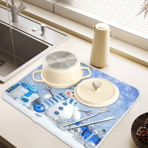 Christmas Snowman Winter Dish Drying Mat for Kitchen Counter Absorbent Microfiber Small Drying Pad Dish Mats Snowflake for Kitchen Countertops 16 x 18 Inch