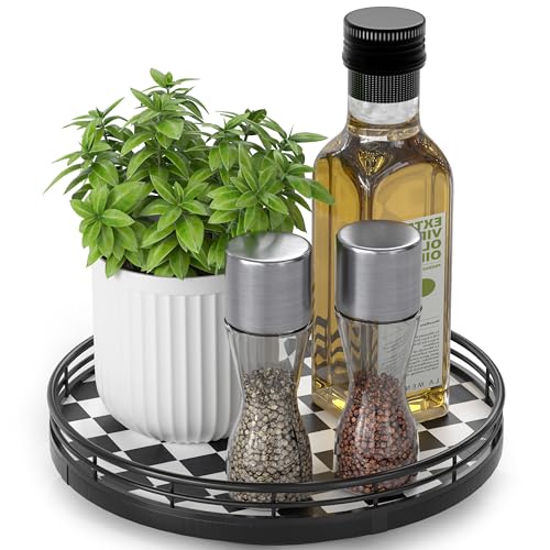 9 Inch Black and White Checkerboard Lazy Susan with Oak Base