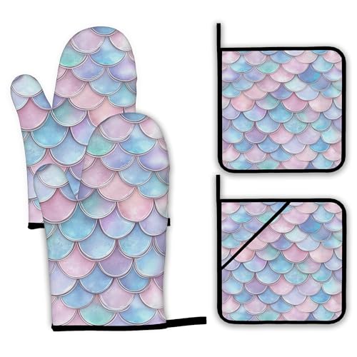 Pink Fish Scales Oven Mitts and Pot Holders Set (4 Count)