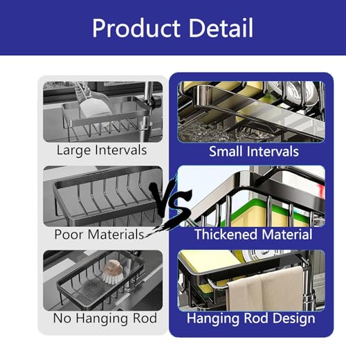 Kitchen Sink Faucet Organizer Multifunction Sponge Holder Organizer Sink Drain Holder Over Faucet Kitchen Sink Caddy with Hook Adjustable for 0.7