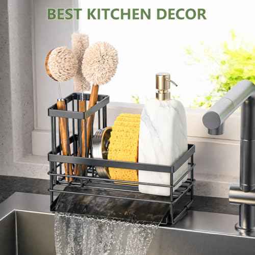 Sink Caddy Sponge Holder for Kitchen with Brush Holder and Stainless Steel Self Drain Tray