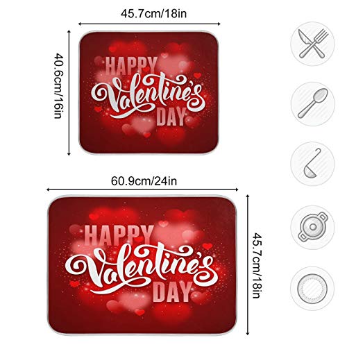 Happy Valentine's Day Bling Light Red Hearts Dish Drying Mat for Kitchen Counter Absorbent Microfiber Large Drying Pad Dish mats for Kitchen Countertops 18 x 24 Inch