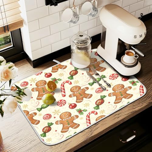 Christmas Gingerbread Cookie Man Sugar Dish Drying Mat for Kitchen Counter Absorbent Microfiber Large Drying Pad Dish Mats for Kitchen Countertops 18 x 24 Inch