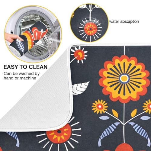 Floral Traditional Folk Art Dish Drying Mat for Kitchen Counter Absorbent Microfiber Drying Pad