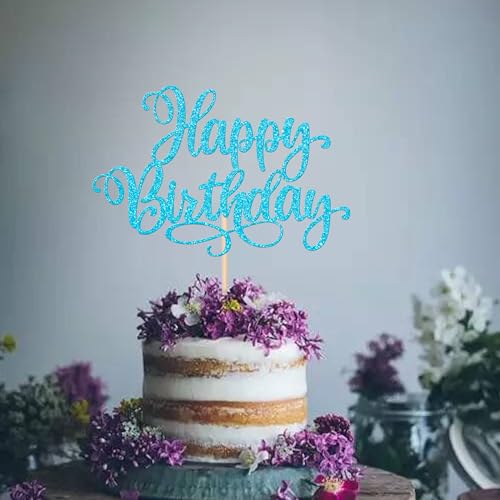 1 PCS Happy Birthday Cake Topper Glitter Cake Pick for Celebrating Anniversary Party Cake Decorations Supplies Lake Blue