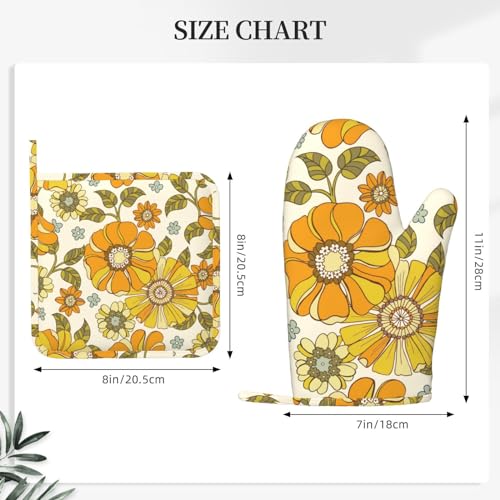 Retro 70s Style Flower Oven Mitts and Pot Holders Sets Silicone Kitchen Mitts Potholders Heat Resistant 4Pcs Oven Gloves Hot Pads for Kitchen Baking Cooking BBQ Grilling (4 Count)