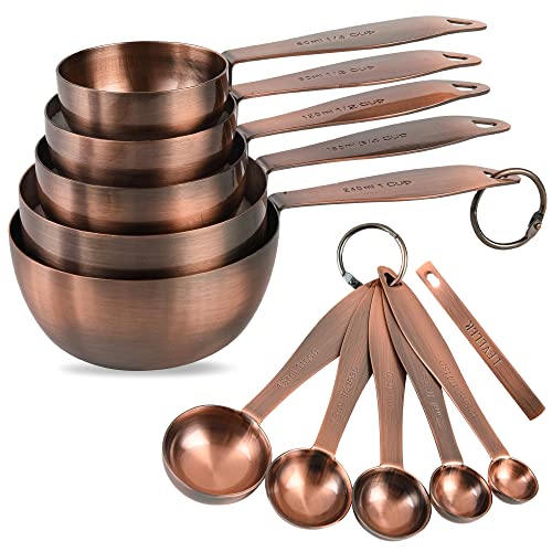 Copper Plated Measuring Cups and Spoons Set with 5 Copper Measuring Cups and 5 Measuring Spoons and Measure Ingredient Leveler and Rings
