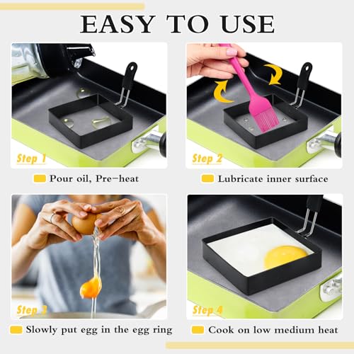 2 Pack 4'' Square Egg Rings Set with Silicone Handle