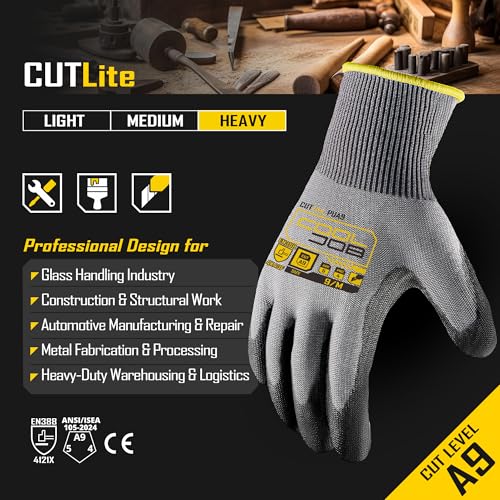 A9 12 Pairs PU Cut Resistant Work Gloves with Grip (12 Count)
