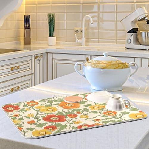 Retro Yellow Orange Flowers Dish Drying Mat for Kitchen Counter Absorbent Microfiber Drying Pad