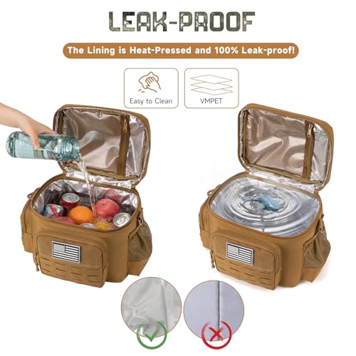 Tactical Lunch Bag for mens Military heavy duty lunch box work Leakproof insulated Durable Thermal Cooler Bag for Adult Meal for Office Camping Picnic Pail MOLLE Webbing Khaki