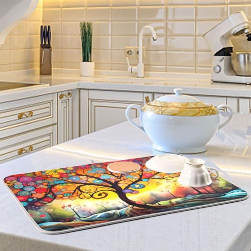 Abstract Tree Dish Drying Mat for Kitchen Counter Absorbent Microfiber Drying Pad