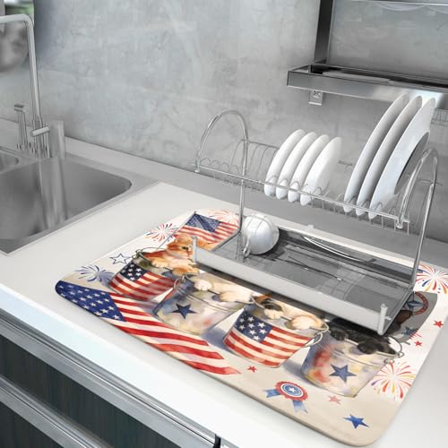 Vintage Patriotic Dish Drying Mat Cute Cats American Flag Drying Matt Kitchen Counter for Home Decor