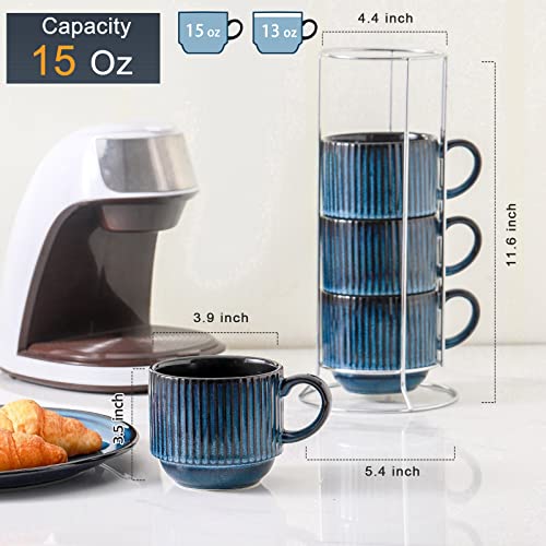15 Oz Ribbed Stackable Coffee Mug Set of 4 (4 Count)