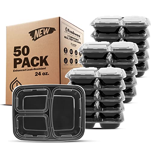 Meal Prep Containers [50 Pack] 3 Compartment Food Storage Containers with Lids (50 Count)