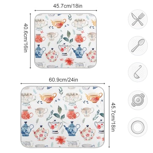 Watercolor Tea Cups Teapots Dish Drying Mat for Kitchen Counter Absorbent Microfiber Drying Pad