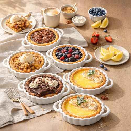 6in Ceramic Mini Pie Pan Set of 6 with Handles for Pie Quiche Tart. Easy to grip (6 Count)