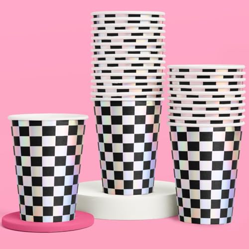 Party Decorations Checkered Black + Iridescent Paper Cups
