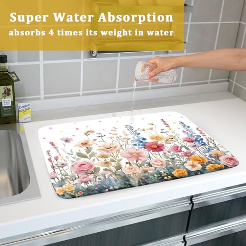 Colorful Flower Dish Drying Mat 18x24 Inch Botanical Floral Drainer Rack Mats Washable Absorbent Dish Dry Pad for Kitchen Counter Sink