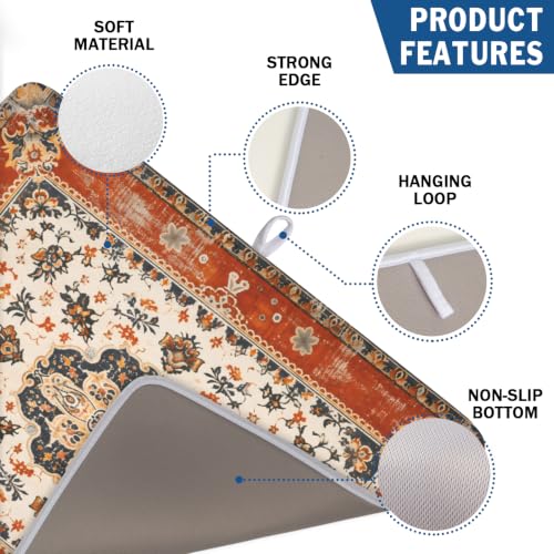 Ethnic Boho Dish Drying Mat Rust Coral Floral Decorative Dishes Pad 18x24 Inch Absorbent Fast Dry Drainer Rack Mats for Kitchen Countertop