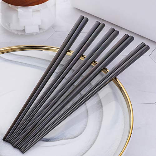 5 Pair Stainless Steel Black Metal Reusable Chinese Square Chopsticks