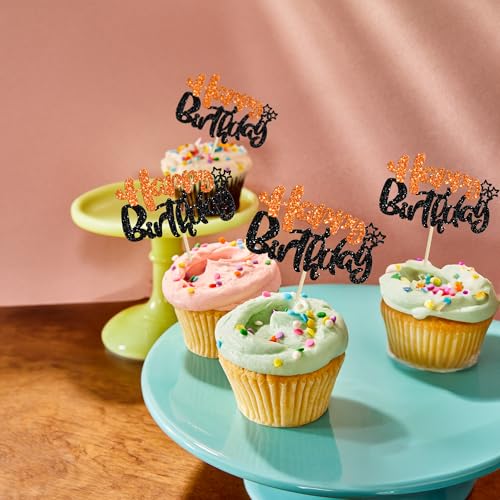 24Pcs Happy Birthday Cupcake Toppers Double Layer Glitter Happy Birthday Cake Decorations for Halloween Baby Shower Theme Anniversary Party Cake Decorations Supplies Black Orange (24 Count)