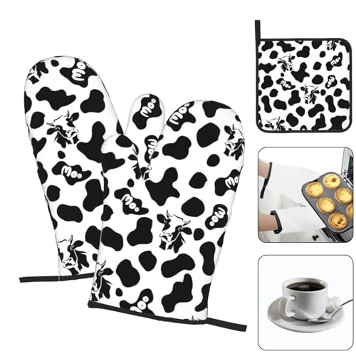 Cow Print Oven Mitts and Pot Holders Sets Heat Resistant for Kitchen BBQ Microwave Baking Grilling Cooks Set of 3 Black White Kitchen Oven Glove (3 Count)