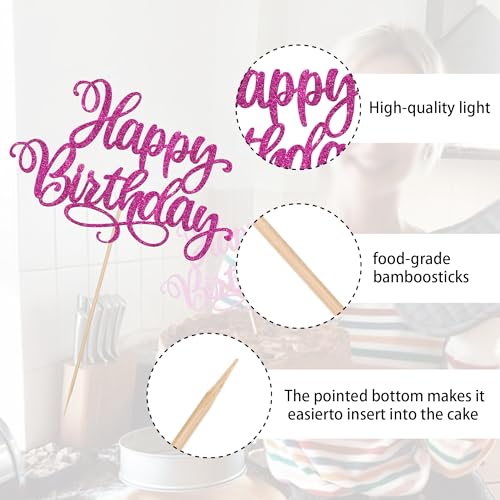 1 PCS Happy Birthday Cake Topper Glitter Happy Birthday Cake Pick for Celebrating Happy Anniversary Party Cake Decorations Supplies Rose Red