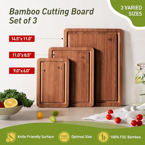 3 Packs Bamboo Cutting Board Set with Non Slip Feet and Over Sink Nice Solid Thick Wood Juice Groove Chopping Board Extra Large Big Small Best Hardwood Kitchen Counter Organic Vegetable (3 Count)