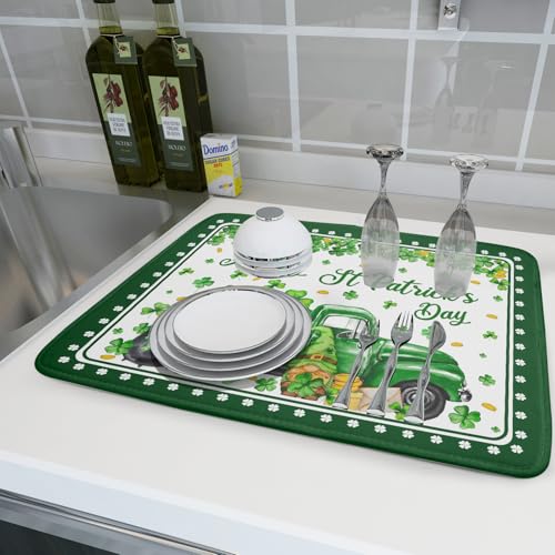Shamrock Gnome Truck Dish Drying Mat Lucky Clover Dish Drainer Mat 18x24 inch Absorbent Fast Dry Pad for Kitchen Counter Coffee Bar Decor