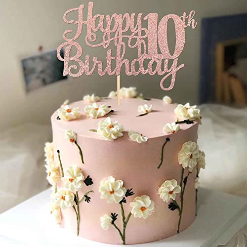1 PCS Happy 10th Birthday Cake Topper Glitter Cheers to 10 Years Birthday Cake Pick 10 Fabulous Double Digits Cake Decoration for Happy 10th Birthday Theme Party Decorations Supplies Rose Gold