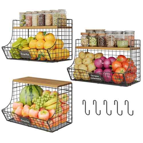 3 Pack Extra Large Fruit Basket for Kitchen with Wood Lid Nameplate (3 Count)