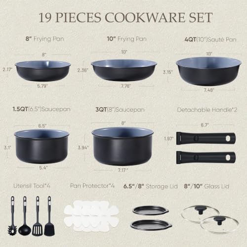 19pcs Ceramic Cookware Set Detachable Handle