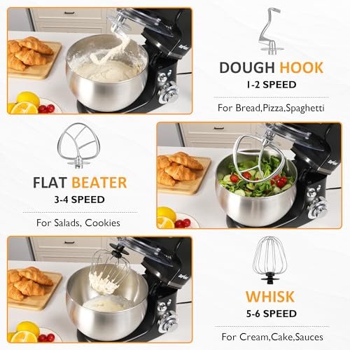 6-in-1 Multifunctional Stand Mixer, 6.5QT Tilt-Head Dough Mixer, Electric Stand Mixer with Stainless Steel Bowl for Cake, Bread, and Dough, with Meat Grinder, Juice Blender & Pasta Maker