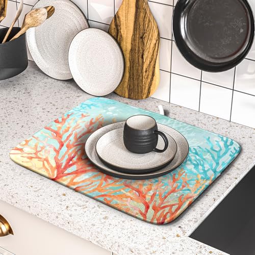 Coastal Coral Dish Drying Mat Beach Ocean Drainer Rack Mat 16x18 Inch Microfiber Absorbent Reversible Dish Dry Pad for Kitchen Counter Sink