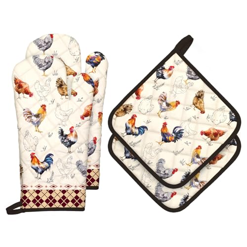 Farmhouse Rooster Oven Mitts and Pot Holders Set (4 Count)
