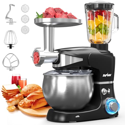 6-in-1 Multifunctional Stand Mixer, 6.5QT Tilt-Head Dough Mixer, Electric Stand Mixer with Stainless Steel Bowl for Cake, Bread, and Dough, with Meat Grinder, Juice Blender & Pasta Maker