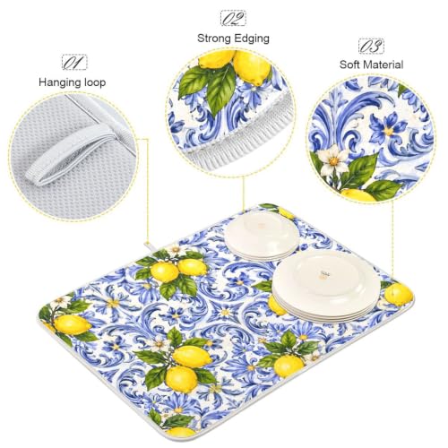 Lemon Blue Tiles Dish Drying Mat for Kitchen Counter Absorbent Microfiber Drying Pad