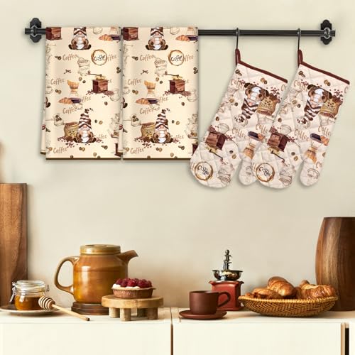 Vintage Coffee Kitchen Towels and Oven Mitts Set 4Pcs (4 Count)
