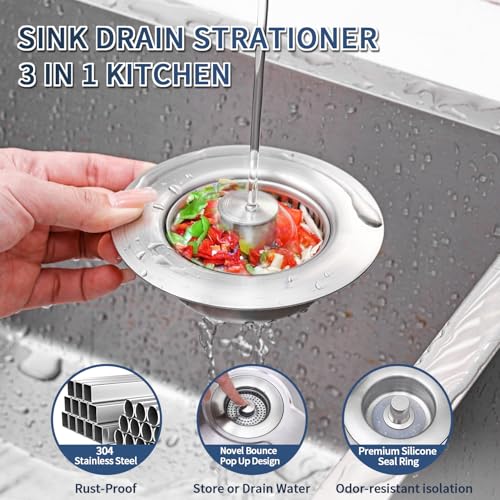 3-in-1 Kitchen Sink Drain Strainer and All-Purpose Sponges, Sink Stopper Pop-Up Drain Plug with Anti-Clogging Food Catcher Basket, Odor Blocker, Fits US Standard 3-1/2 Inch Sinks,Dish Sponges Safe