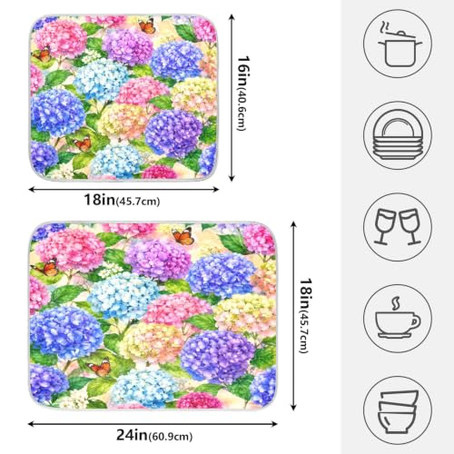 Hydrangea Flowers with Butterfly Dish Drying Mat for Kitchen Counter Absorbent Microfiber Small Drying Pad Dish mats for Kitchen Countertops 16 x 18 Inch