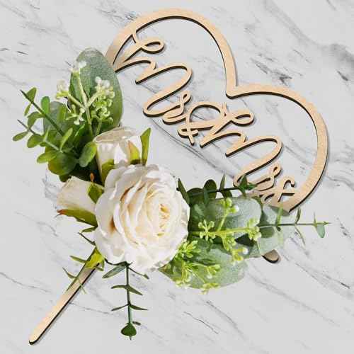Mr & Mrs Wedding Cake Topper in Wood Heart Cake Topper with Flowers and Leaves
