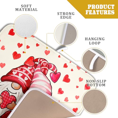 Love Gnome Dish Drying Mat 16"x18" Red Heart Microfiber Dish Drainer Rack Mat Holiday Absorbent Dishes Pad for Kitchen Counter Sink Decor