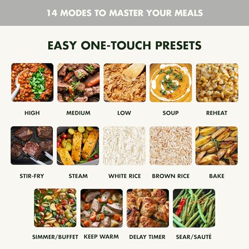 Elite 14-in-1 Nonstick 6QT Electric Slow Cooker, PFAS-Free Ceramic Multi-Cooker, In-Pot Browning, Dishwasher Safe Lid & Removable Crock, Stainless Steel Steamer, Silicone Handles, White