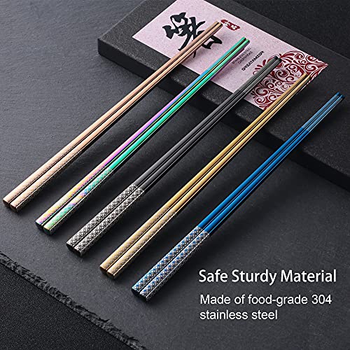 Metal Chopsticks Reusable Multicolor Stainless Steel Chopsticks Dishwasher Safe Chop Sticks Laser Engraved Copper Coin Pattern Square Non