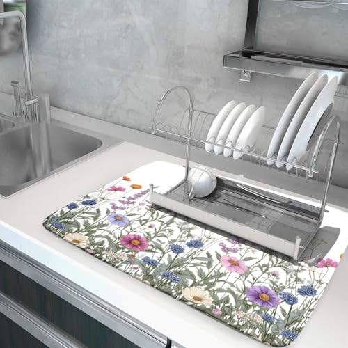 Flower Herbs Dish Drying Mat Botanical Plant Dishes Drainer Mat 18x24 inch Reversible Microfiber Drying Dish Pad for Kitchen Counter Decor