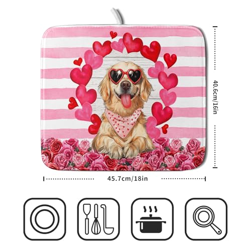 Valentine's Day Dog Dish Drying Mat for Kitchen Counter 16x18 inch Heart Rose Absorbent Dish Drainer Rack Mats for Coffee Bar Countertop