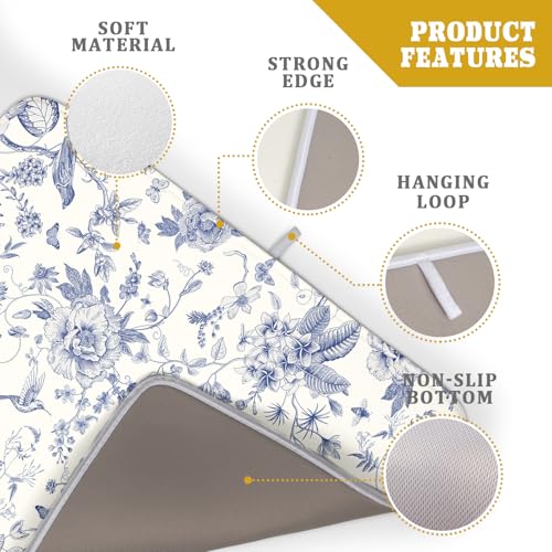 Chinoiserie Flower Dish Drying Mat Blue Leaves Dishes Drying Pad Reusable Washable Kitchen Countertop Protector Dish Drainer Mat 18x24 Inch