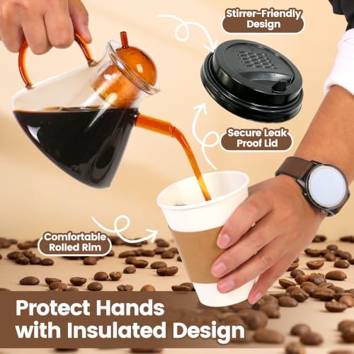 16 oz Disposable Paper Coffee Cups with Lids & Sleeves (100 Count)