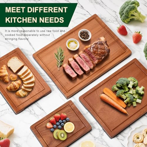 Wooden Cutting Board Set of 4 with Holder Solid Wood Chopping Boards for Kitchen with Juice Grooves Thick Large Cutting Board